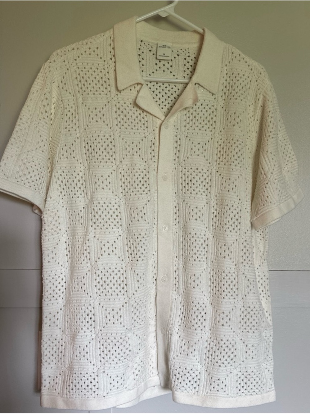 Hollister Cream Openwork Knit Short-Sleeve Button Shirt